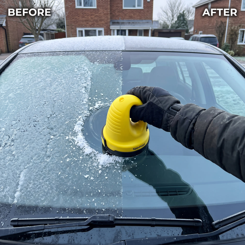 Gloved hand clearing frost from a windscreen with the FrostCar electric ice scraper